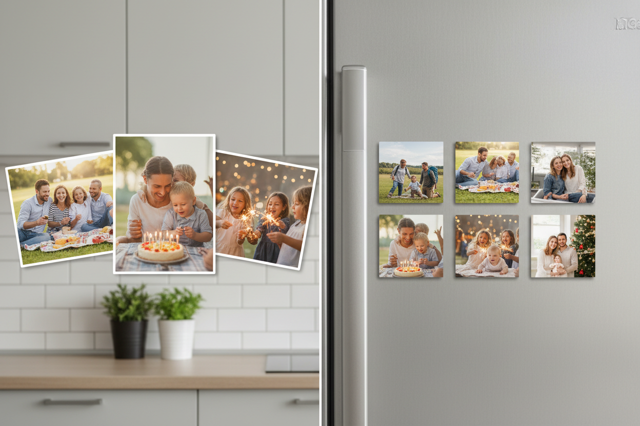 Borderless photo magnets on fridge