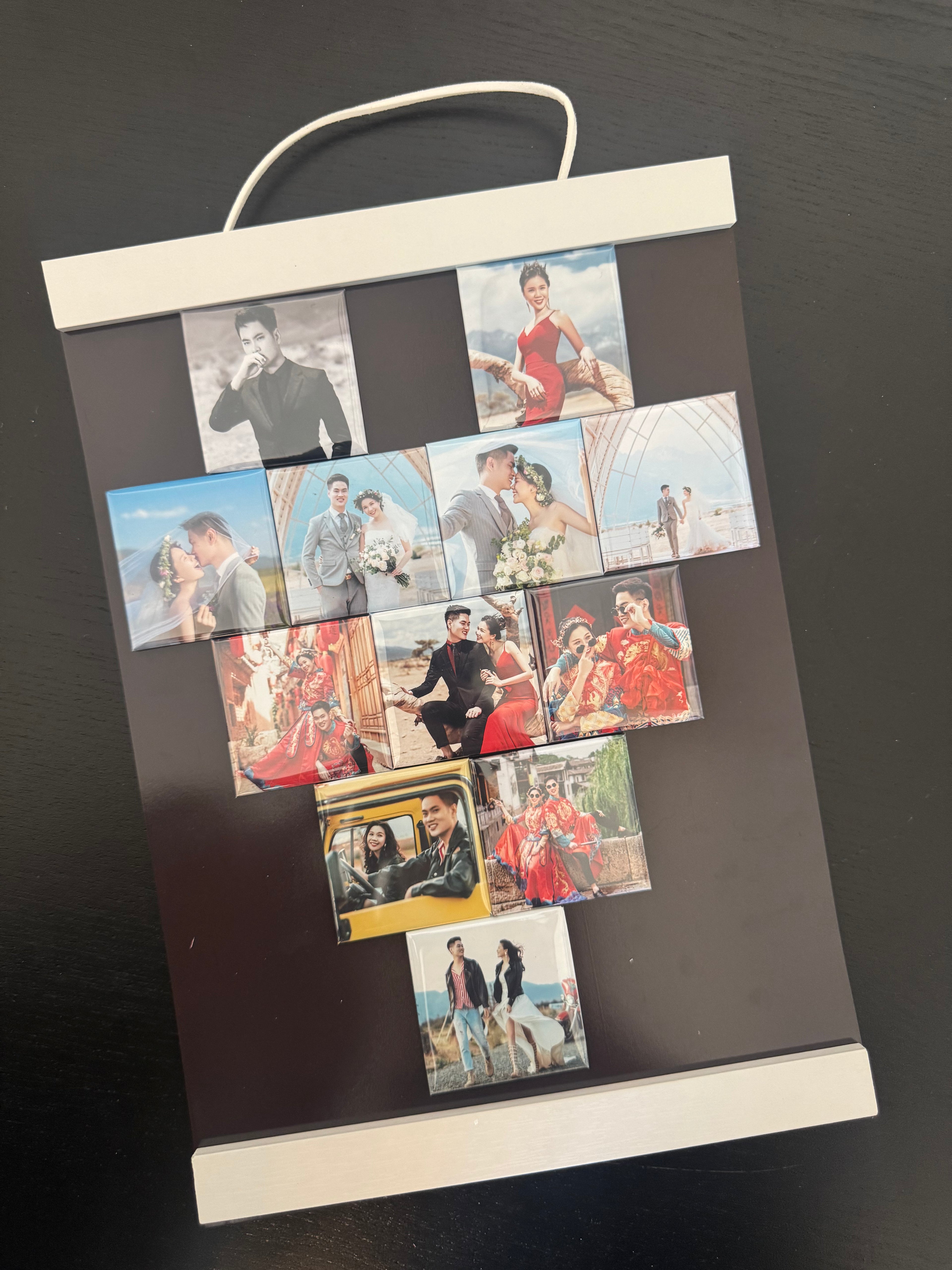 12 Photo Magnet Set with Magnetic Wooden Hanger | Personalized Wedding & Anniversary Gift