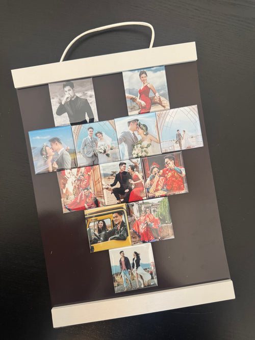 12 Photo Magnet Set with Magnetic Wooden Hanger | Personalized Wedding & Anniversary Gift