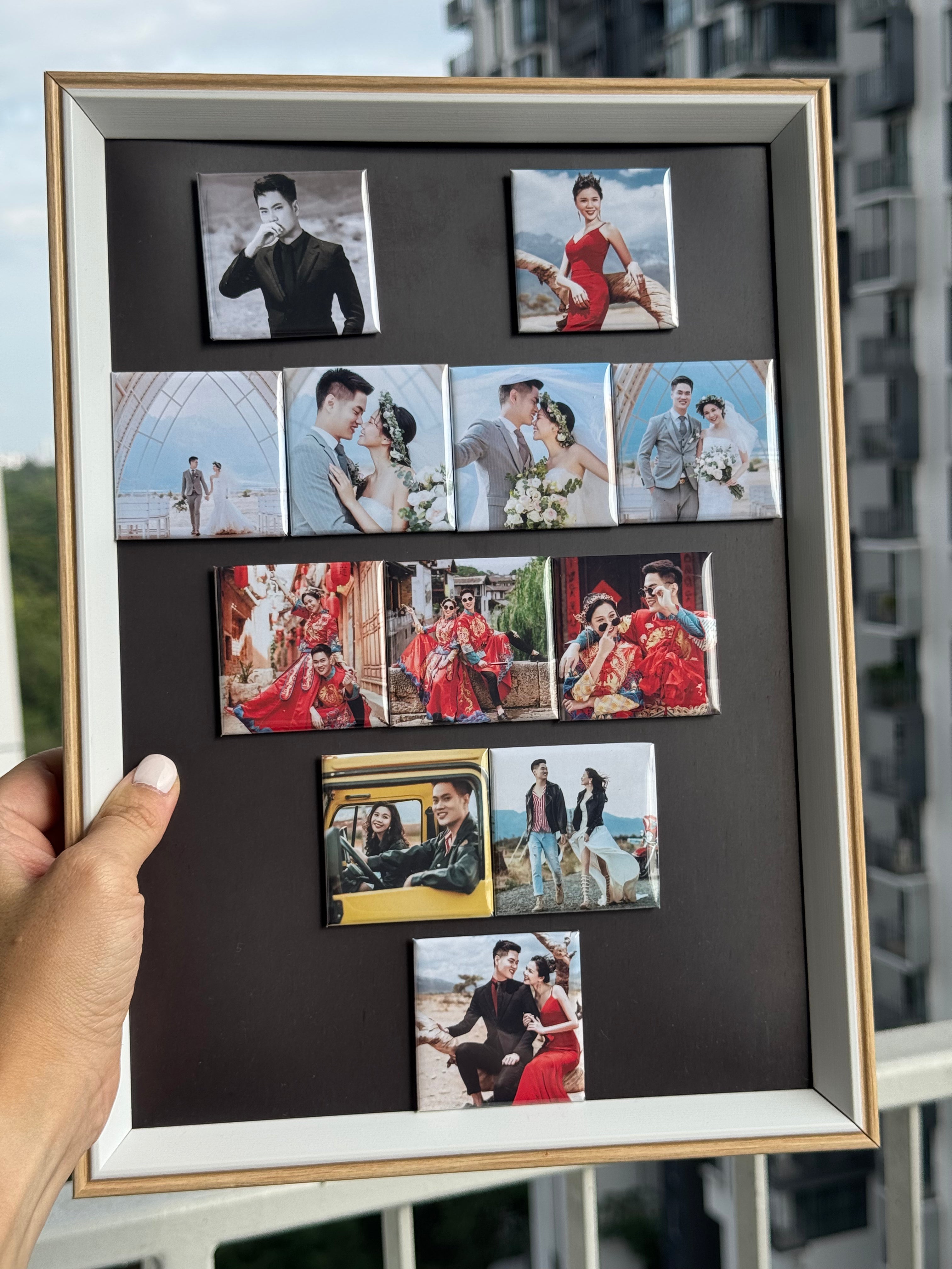 Valentine's Day arranged in a heart shape Collage of photos in a framed display with a person holding it.